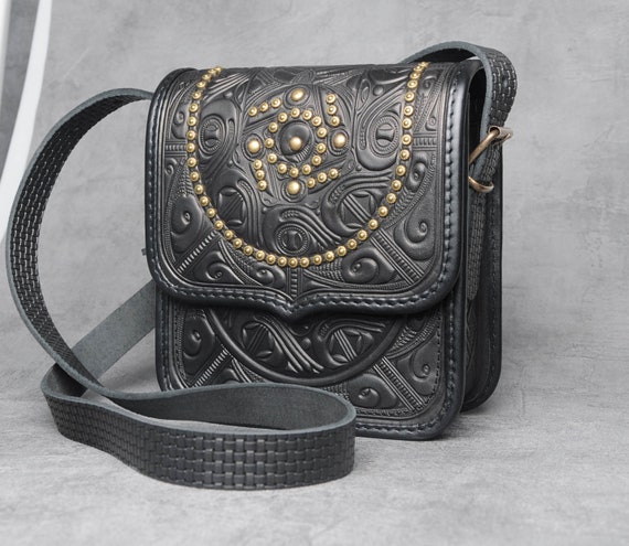 Great American Leather Works Black Leather Sling Backpack Embossed Floral Bag GREAT AMERICAN LEATHER WORKS Medium Black Pebble Leather  main image 2