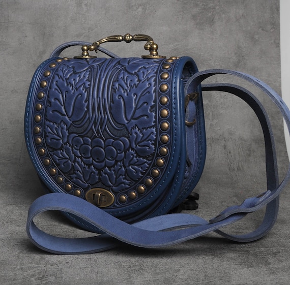 Unique Leather Bag With Metal Handle Blue Shoulder Bag Genuine Leather Bag With Metal Hot Tooled Leather Fashionable Bag for Woman Etsy Canada