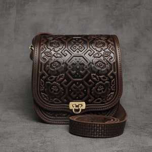 Brown crossbody bag, leather purse, hot tooled leather, embossed leather bag, shoulder leather bag, brown bag, messenger bag, gift for her