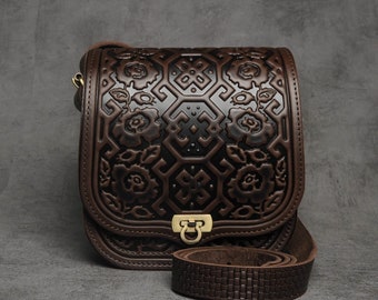 Brown Leather Crossbody Bag: Hot Tooled Embossed Purse