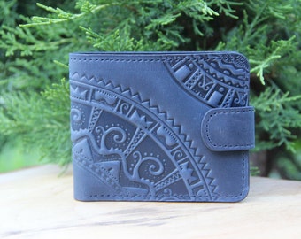 Blue leather wallet, genuine leather wallet, pocket wallet men, leather billfold, embossed leather, small wallet men's, billfold wallet