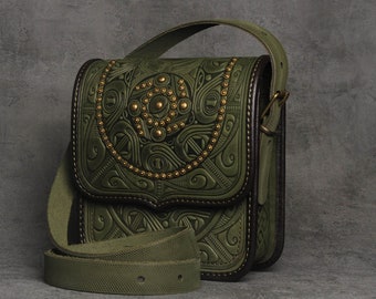 Olive shoulder bag, leather bag with metal, hot tooled bag, genuine leather bag, olive bag, crossbody bag womens, messenger bag, gift idea