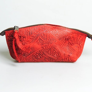 Embossed Leather Cosmetic Bag: &#39;Carpathians&#39; Pattern Toiletry Organizer