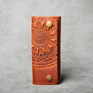 Cartera organizadora de llaves de cuero, Llavero mini mandala, Llavero, Estuche para llaves Mandala para monedero, Cartera para llaves de cuero en relieve, Estuche para llaves de cuero