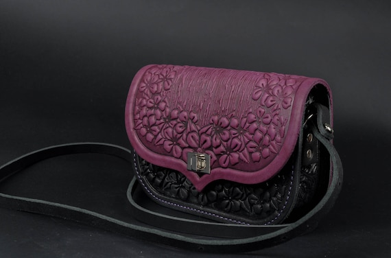 Embossed Leather Crossbody Bag: Purple & Black Floral Mini  display picture 1
