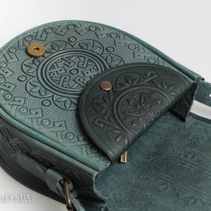 Green bag women, round crossbody bag, genuine leather, tooled leather purse, shoulder leather bag, hot tooled leather, unigue bag for her image 9