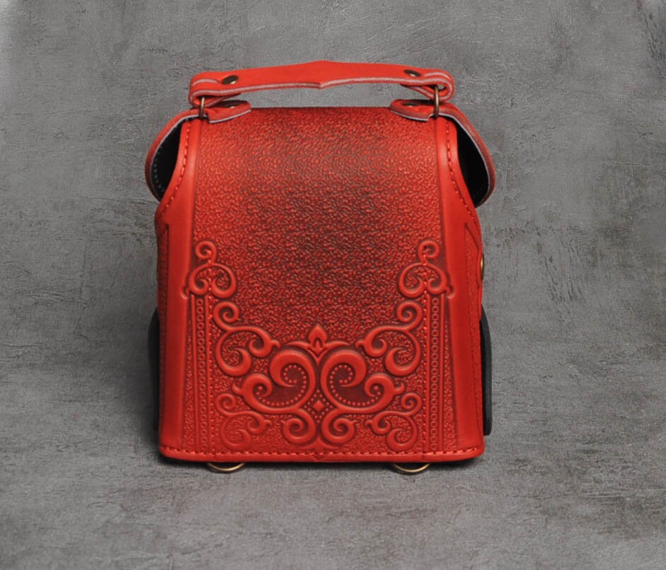 Red Leather Bohemian Backpack with Embellishments Afra Leather Buckle Backpack – Moroccan Interior main image 2
