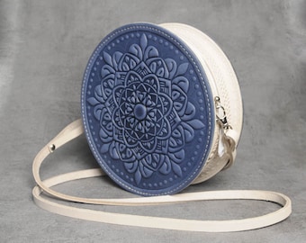 Blue round bag, women round bags, blue leather purse, leather evening bag, round leather purse, round leather bag, unique leather purse