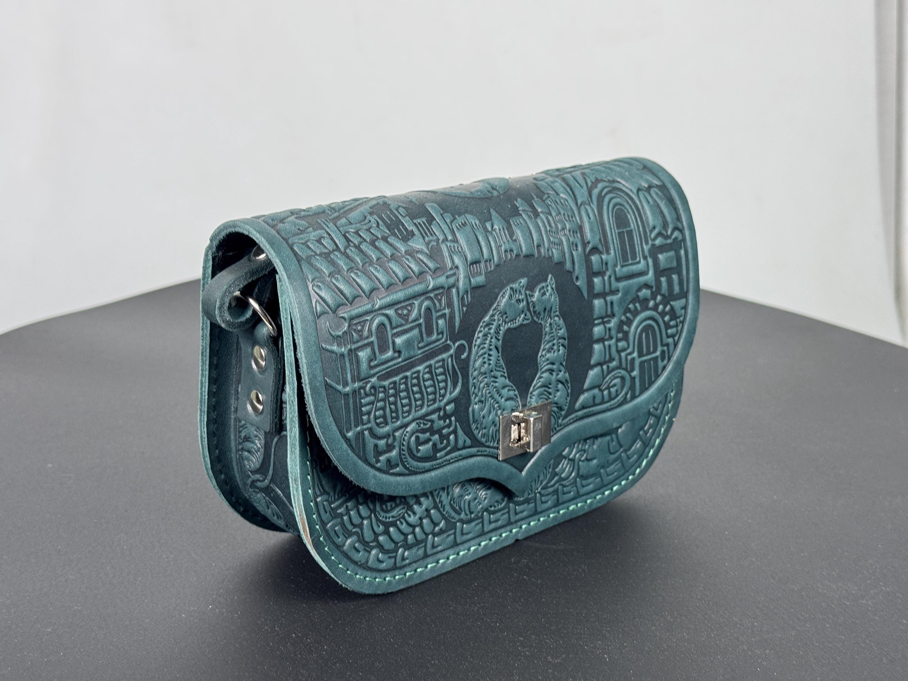 Embossed Leather Mini Purse: Handmade Green Crossbody Bag