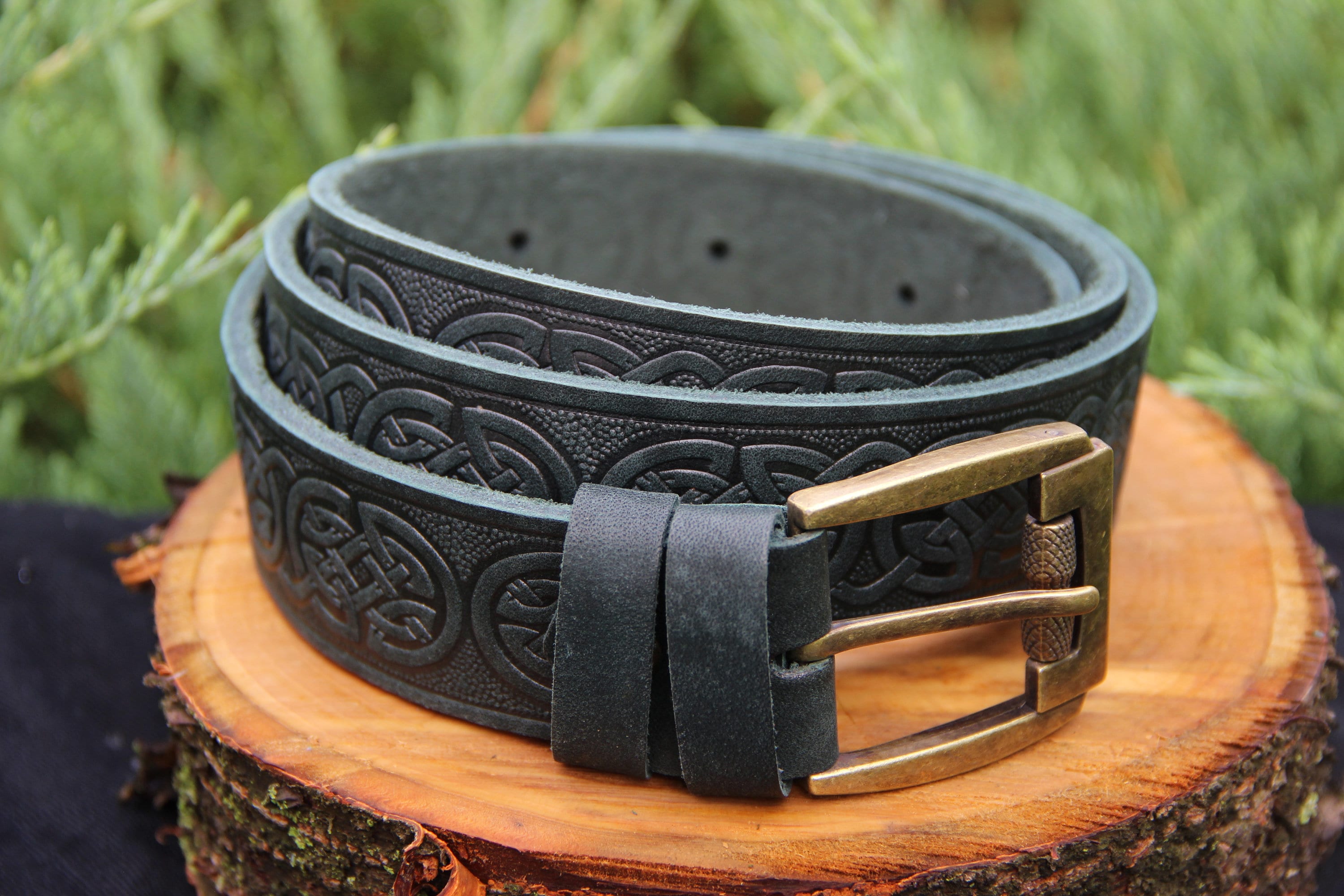 Embossed Green Leather Belt: Celtic Ornament, Adjustable - Etsy