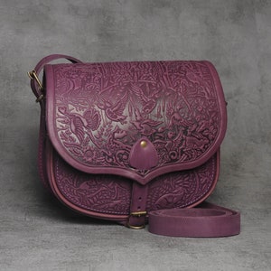 Hot Tooled Leather Crossbody Bag: Purple Messenger Bag with Embossed Animals
