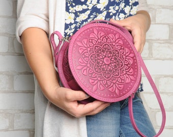 Handmade Pink Leather Round Bag: Hot Tooled Calf Leather Purse