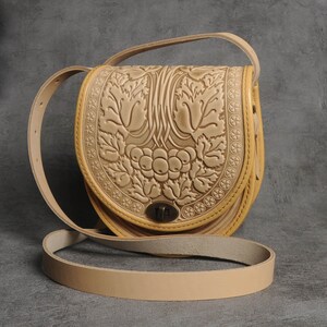 Embossed Leather Crossbody Bag: Handmade Beige Round Purse