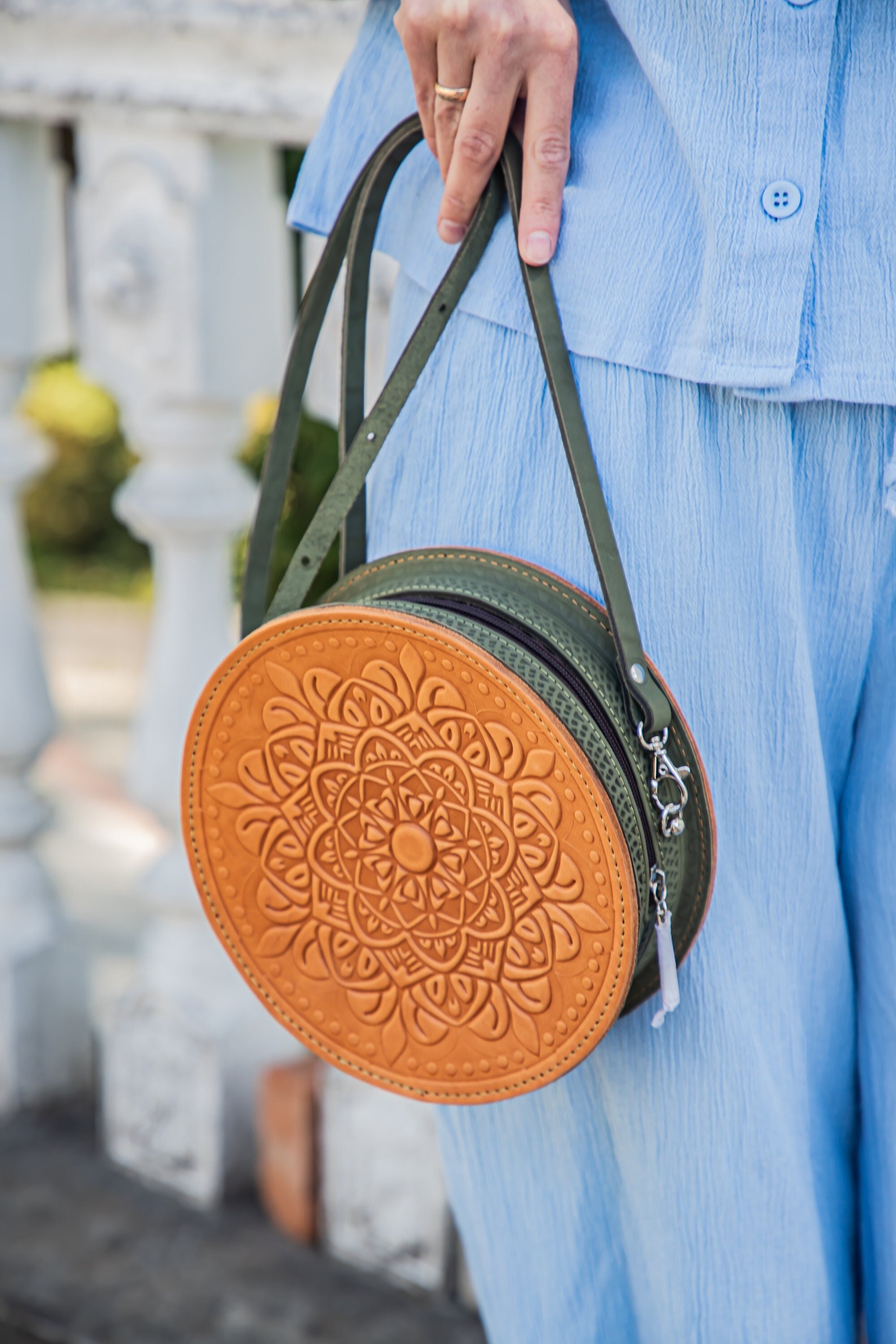 Handmade Leather Round Bag: Hot Tooled Calf Leather Purse - Etsy