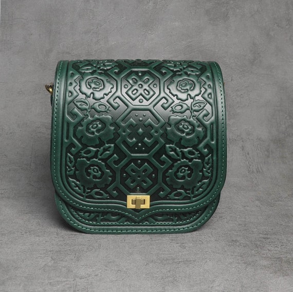 Green Leather Crossbody Bag: Hot Tooled Embossed Purse - Etsy