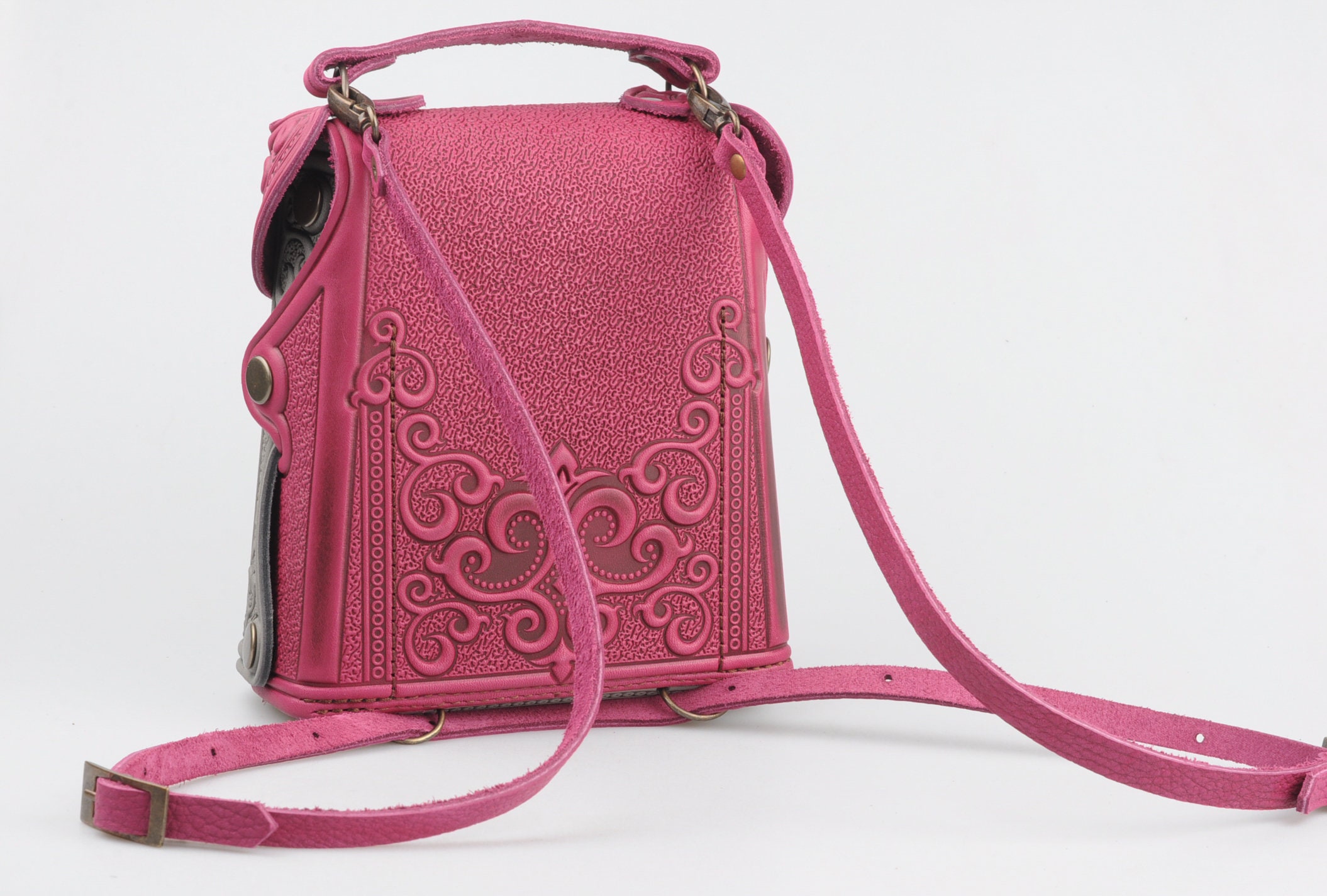 Embossed Leather Backpack: Pink & Gray Boho Bag - Etsy display picture 1