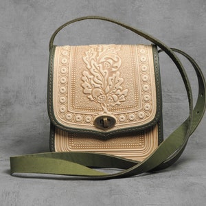 Handmade Beige Leather Crossbody Bag: Hot Tooled Oak Leaf Design