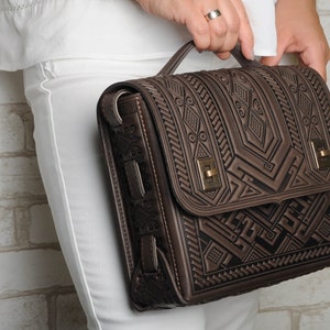 Brown leather satchel bag, brown brief case, genuine leather bag, embossed leather bag, crossbody bag, shoulder bag, capacious bag