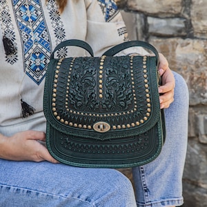 Green Leather Messenger Bag: Tooled Oak Leaf Crossbody Bag