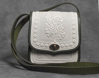 White crossbody bag, leather purse, hot tooled leather, embossed leather bag, shoulder leather bag, white bag, messenger bag