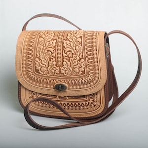 Tooled Leather Crossbody Bag: Handmade Beige Messenger Bag with Oak Leaves