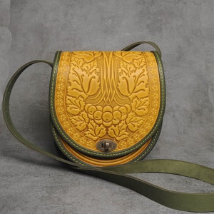 Embossed Yellow Leather Crossbody Bag: Handmade Guelder Rose Purse
