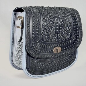 Black Leather Messenger Bag: Tooled Oak Leaf Crossbody Shoulder Bag