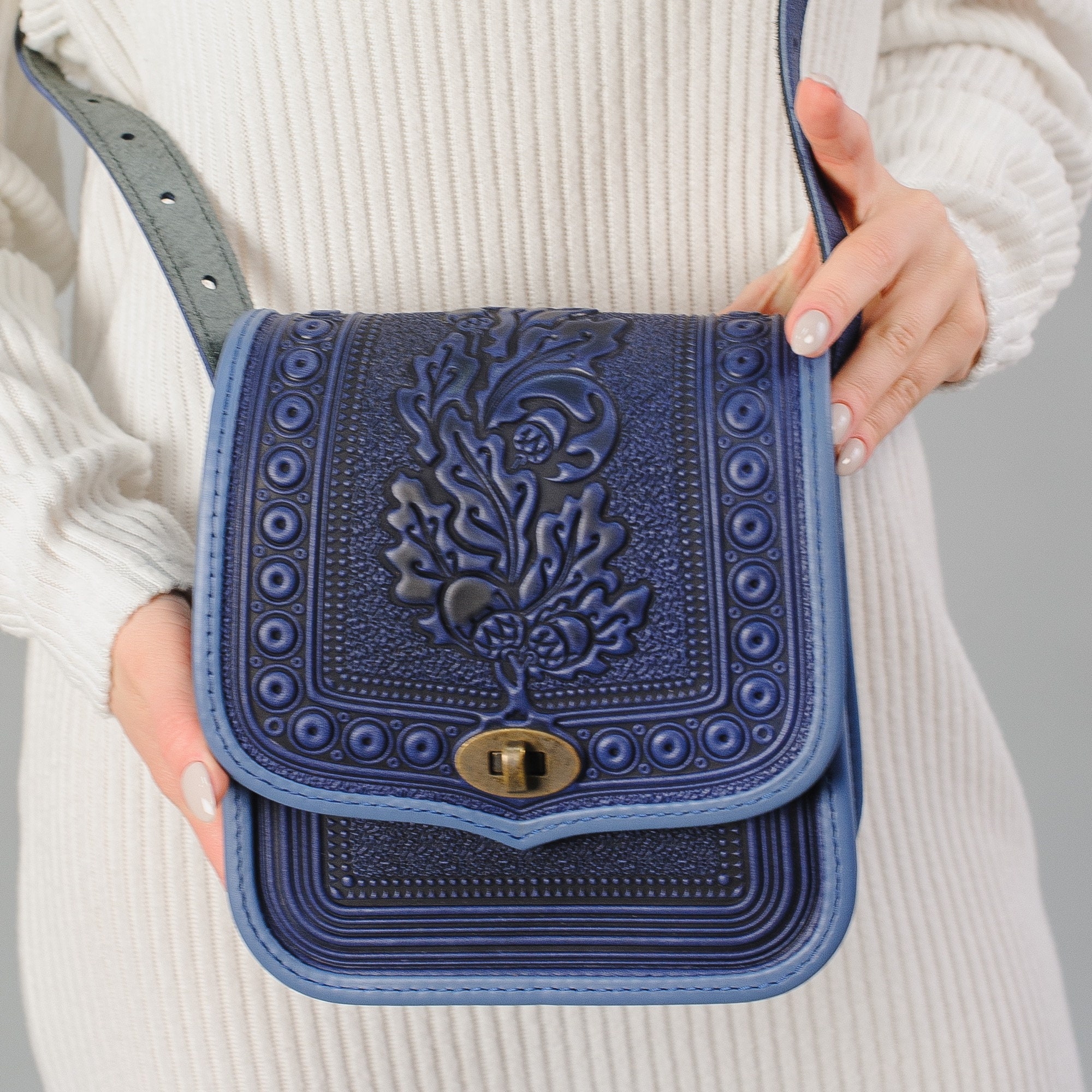 Blue leather purse hot tooled leather embossed leather bag Etsy