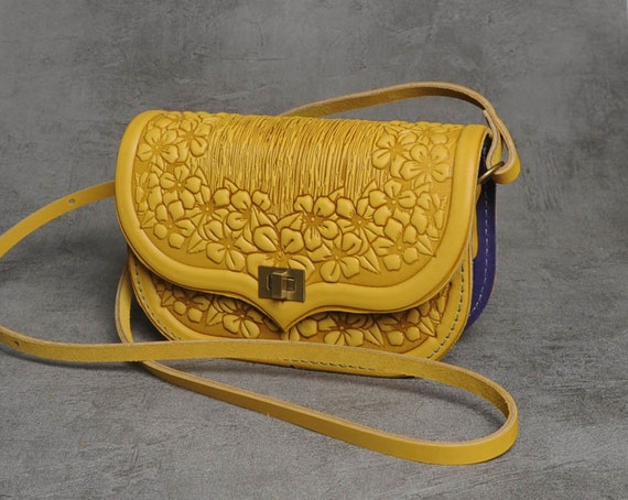 Yellow Shoulder Bag Embossed Leather Crossbody Purse Small Yellow Bag Genuine Leather Bag With Floral Pattern Etsy Ireland