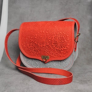 Floral embossed leather crossbody bag, Small leather satchel, Elegant cross body daily bag, Ethnic leather mini messenger bag, Leather purse