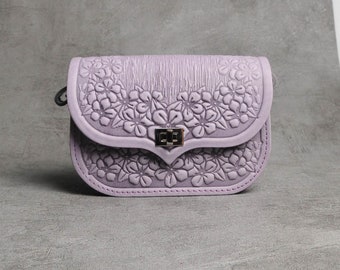 small lilac bag,lilac shoulder bag, leather mini purse, embossed leather crossbody purse,  genuine leather bag with floral pattern