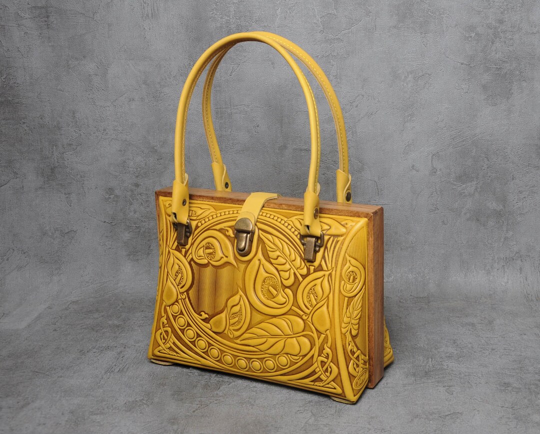 Yellow Leather Evening Purse Leather Purse With Wooden Frame - Etsy