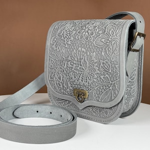 Embossed Leather Shoulder Bag: Handmade Gray Purse