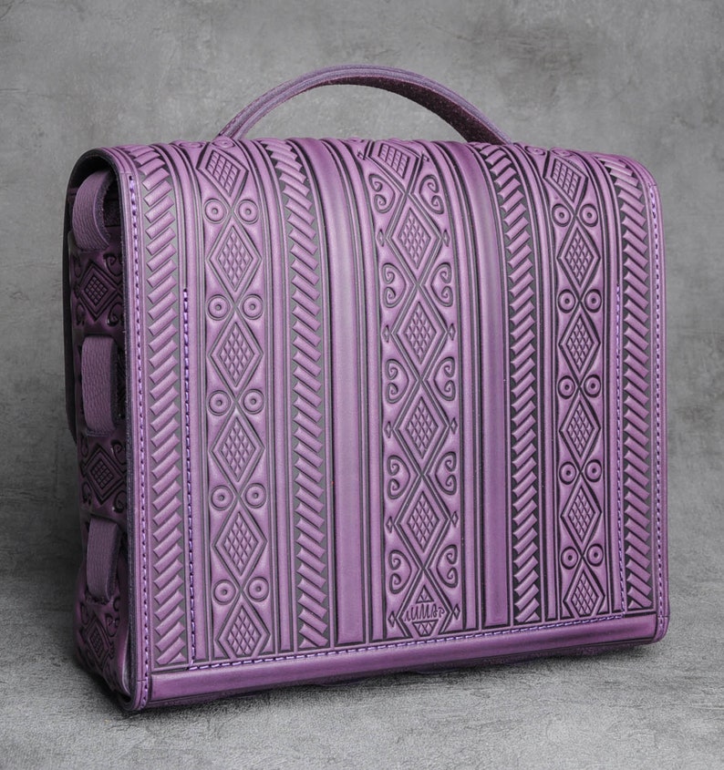Purple leather satchel bag, genuine leather bag, embossed leather bag, leather brief case, crossbody bag, shoulder bag, capacious bag image 4