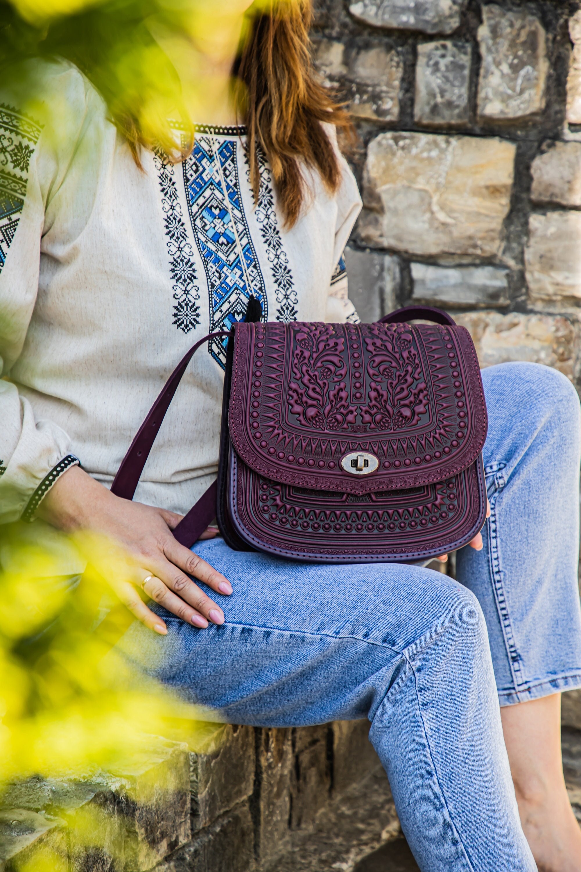 Purple Messenger Bag, Genuine Leather Bag, Big Leather Bag