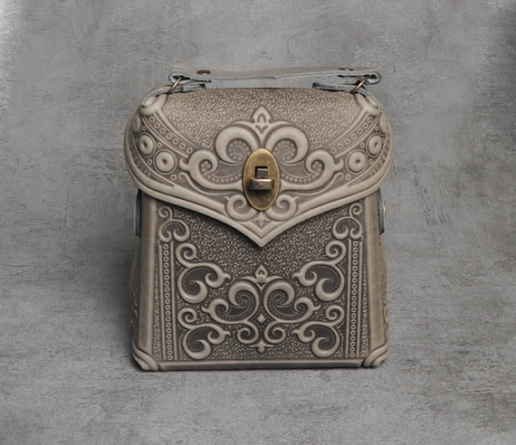 Embossed Gray Leather Backpack: Small Convertible Backpack  display picture 2