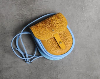 Embossed Leather Mini Purse: Yellow & Blue Shoulder Bag
