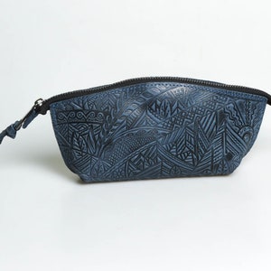 Embossed Leather Cosmetic Bag: &#39;Carpathians&#39; Pattern Toiletry Organizer