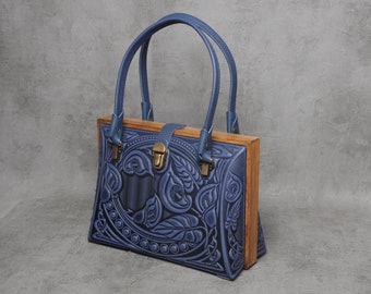 Blue leather evening purse, leather purse with wooden frame, extraordinary purse for her, blue evening bag, gift for woman