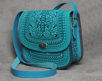 Turquoise messenger bag, genuine leather bag, big leather bag, tooled leather, crossbody bag, shoulder bag, capacious bag