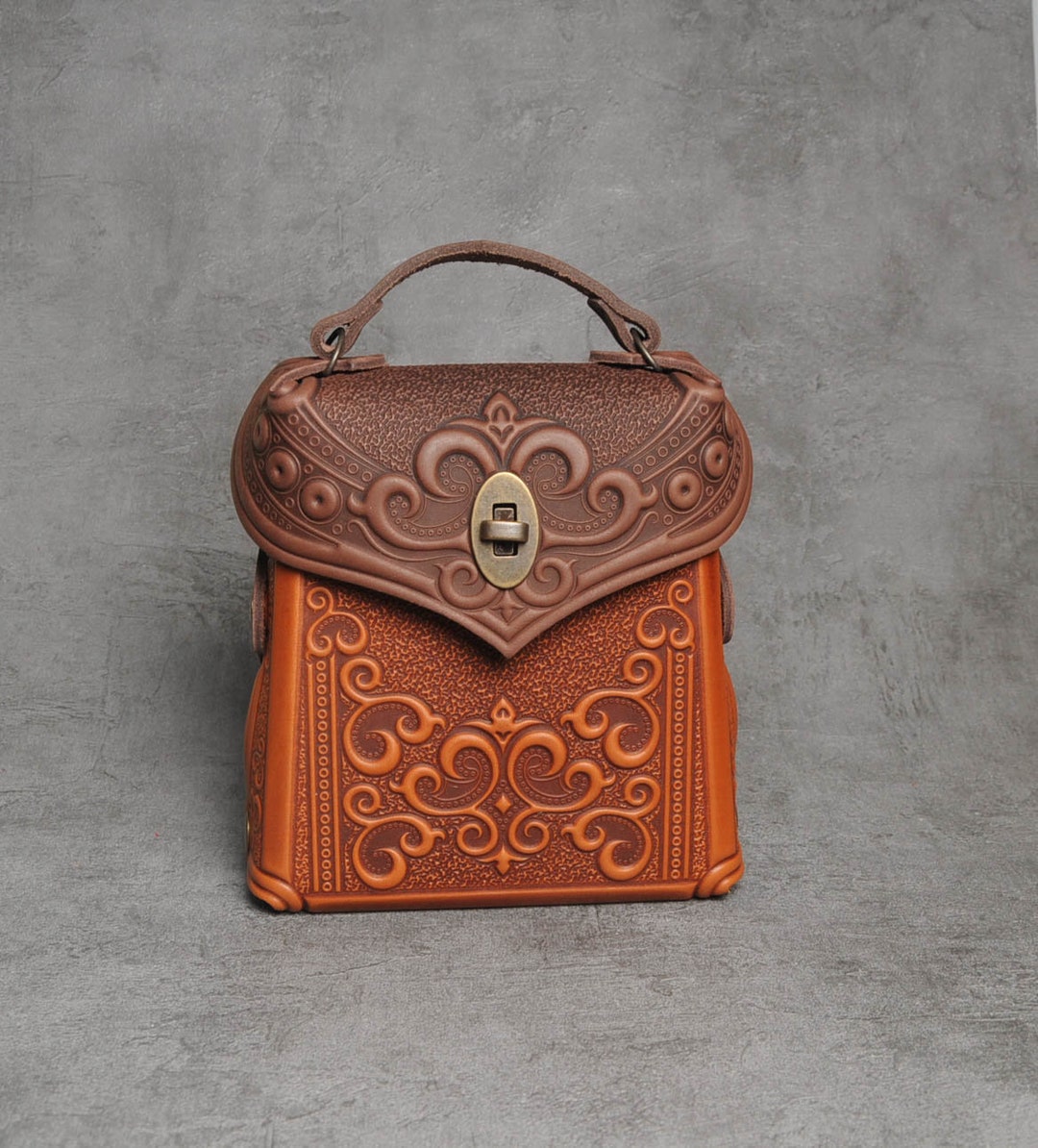 Handcrafted Bohemian Red and Brown Leather-Trim Backpack Bohemian Brown Genuine Leather Handmade Backpack - Rustic  main image 3