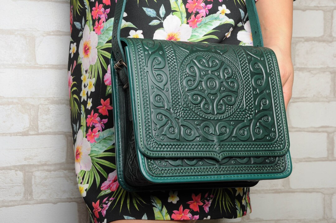 【GRAVER】Green Flower Embroidered Cross Messenger Bag Green Leather Purse, Green Messenger Bag, Hot Tooled Purse