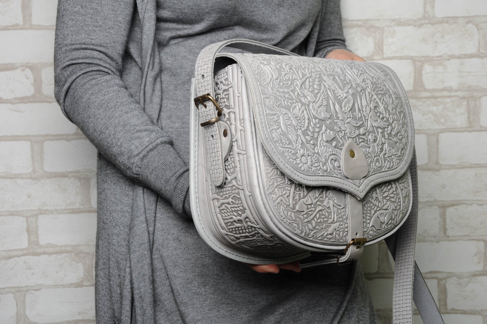 Gray Leather Bag Big Leather Purse Hot Tooled Purse Gray Etsy