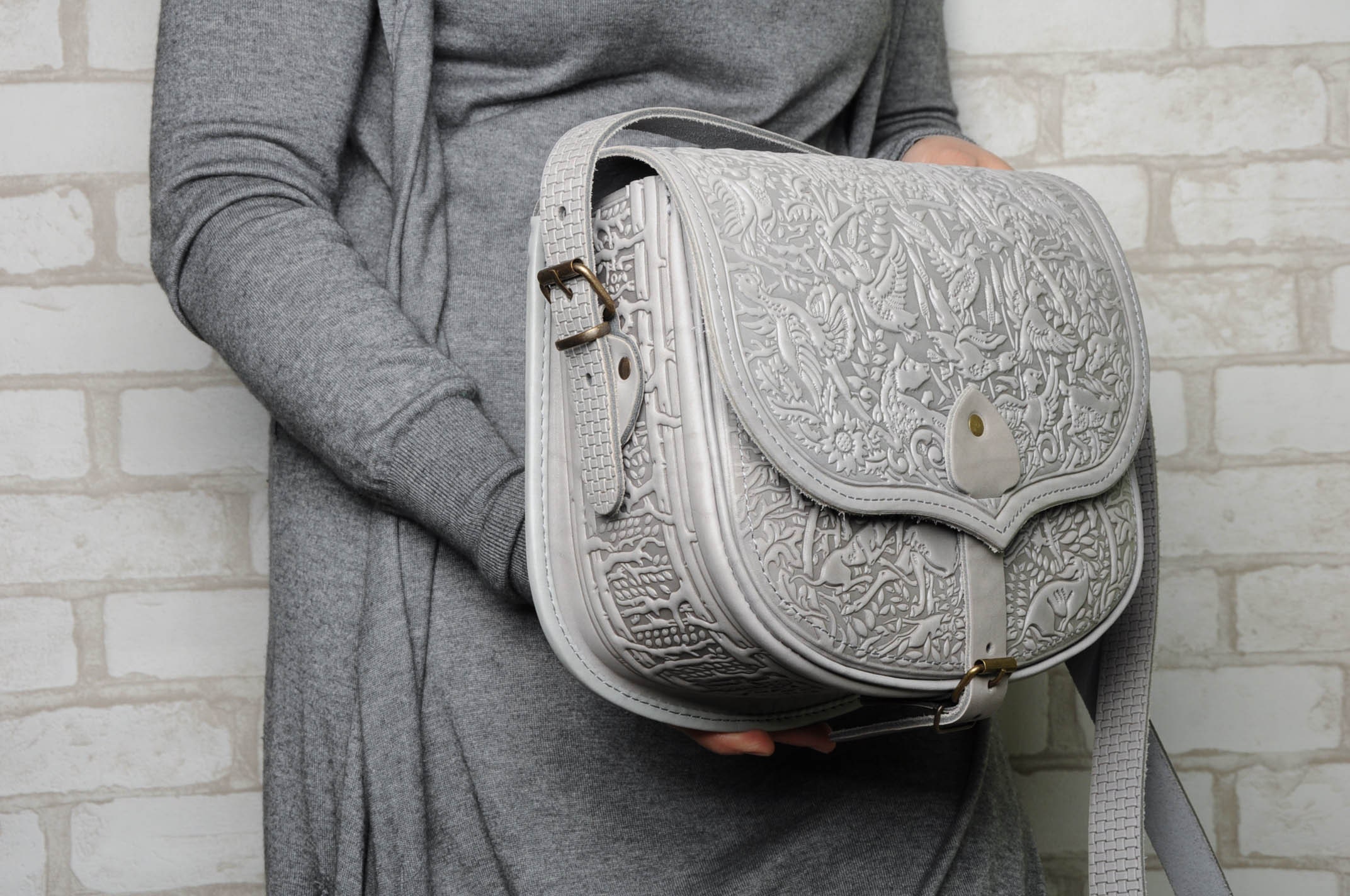 Gray leather bag big leather purse hot tooled purse gray Etsy