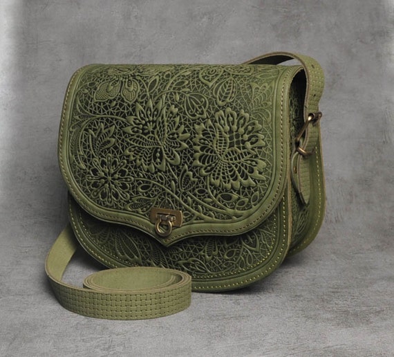Olive Crossbody Bag, Green Shoulder Bag, Bag With Flowers