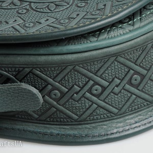 Green bag women, round crossbody bag, genuine leather, tooled leather purse, shoulder leather bag, hot tooled leather, unigue bag for her image 7