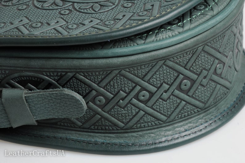 Green bag women, round crossbody bag, genuine leather, tooled leather purse, shoulder leather bag, hot tooled leather, unigue bag for her image 7