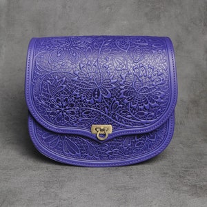 Ultramarine messenger bag Flower, big leather purse, embossed leather purse, purple crossbody bag, violet shoulder bag, bag with flowers