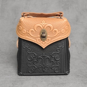 Leather boho rucksack, leather backpack women, beige+black leather backpack, embossed leather backpack, ladies backpack, unique backpack