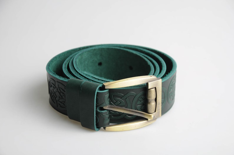 Green leather belt mens belt embossed leather belt mens leather belt womens belt celtic belt celtic leather belt